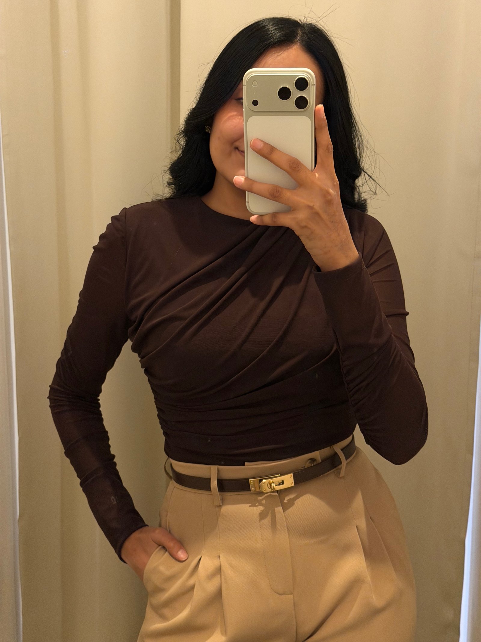 BLUSA MESH MANGA LARGA DRAP CAFÉ