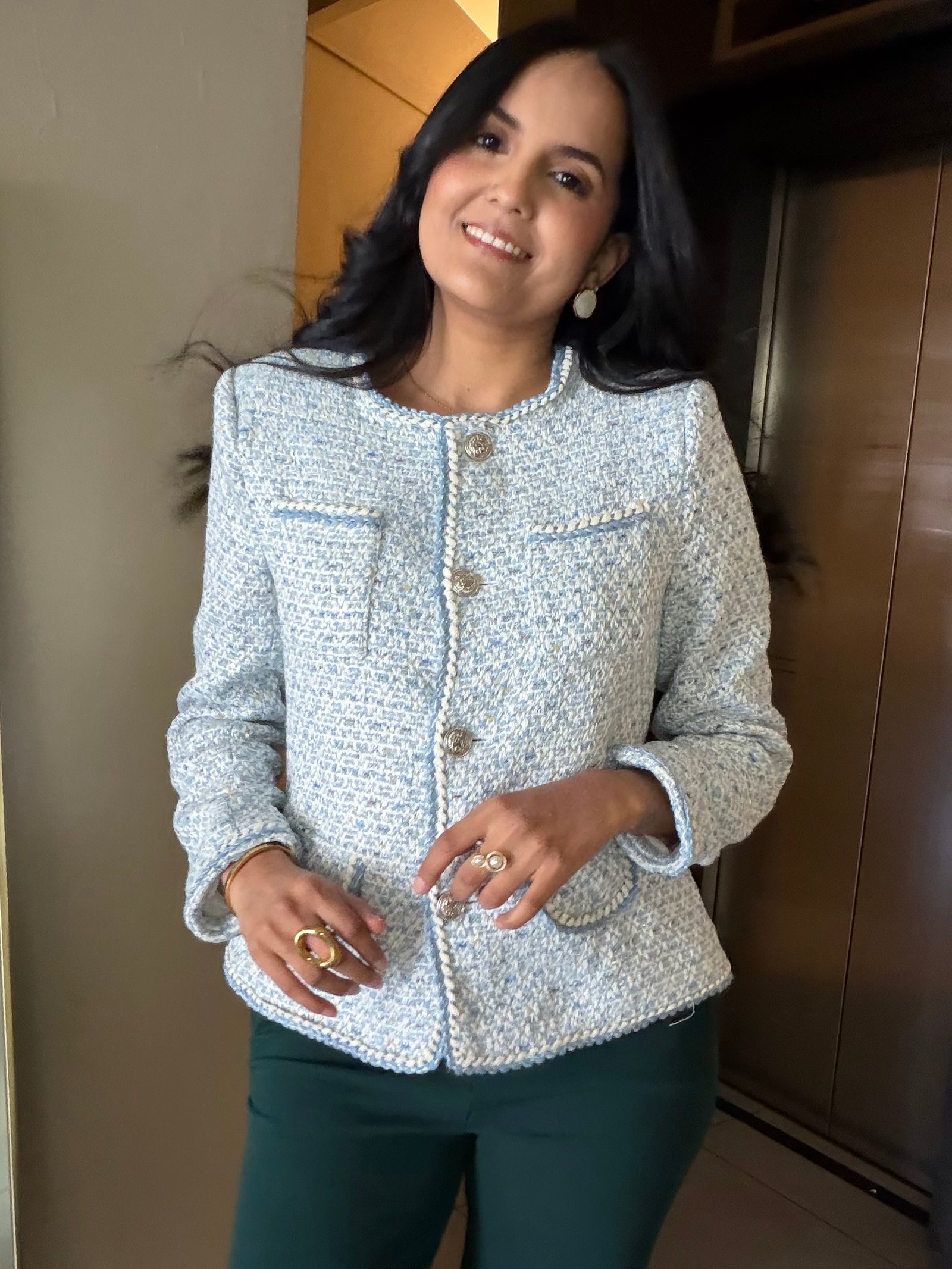 CHAQUETA TWEED AZUL CON BLANCO