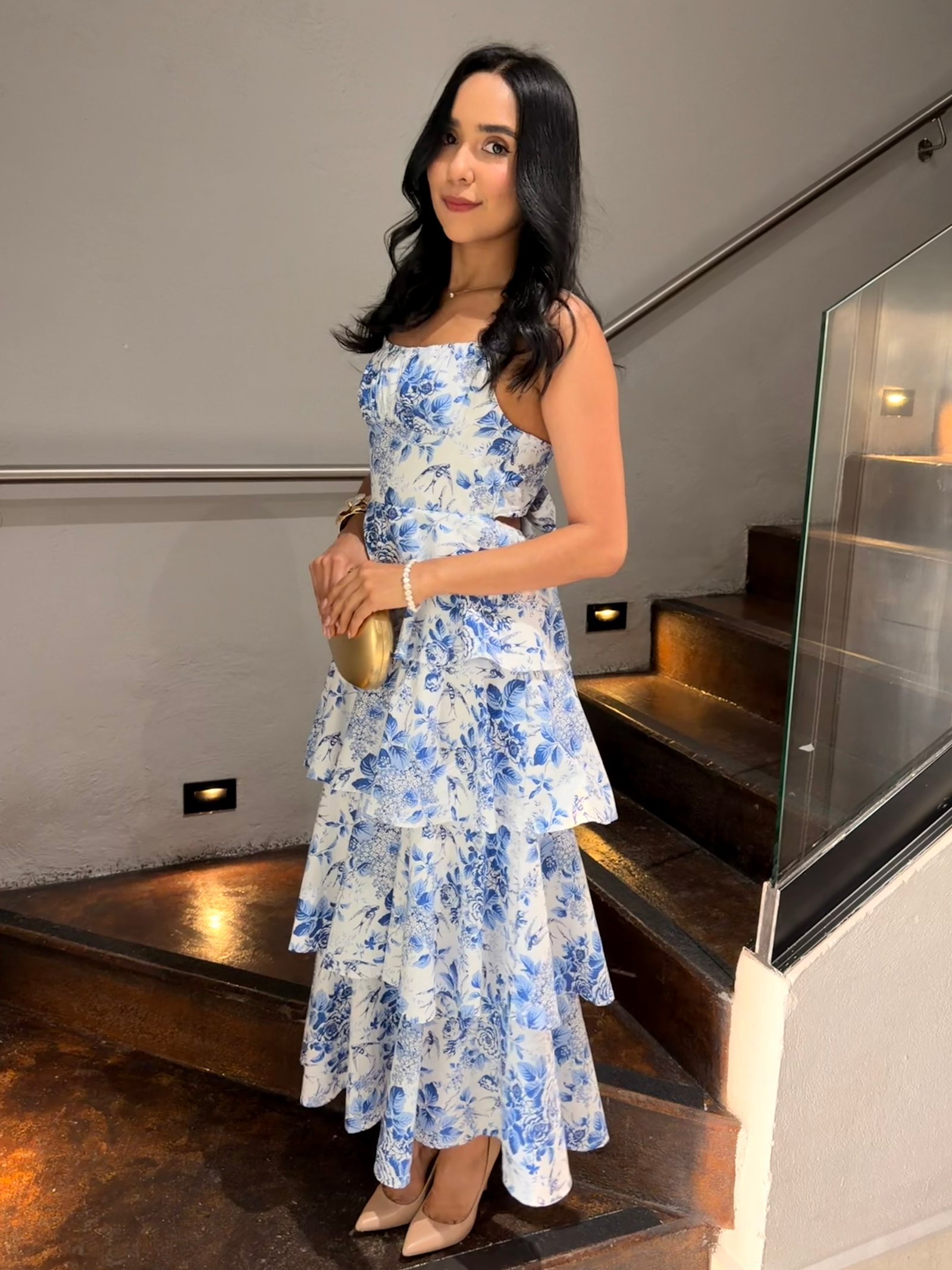 VESTIDO MAXI FLECOS FLOREADO AZUL