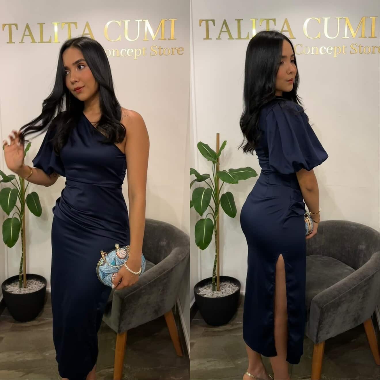 VESTIDO SATINADO ONE SHOULDER NAVY BLUE