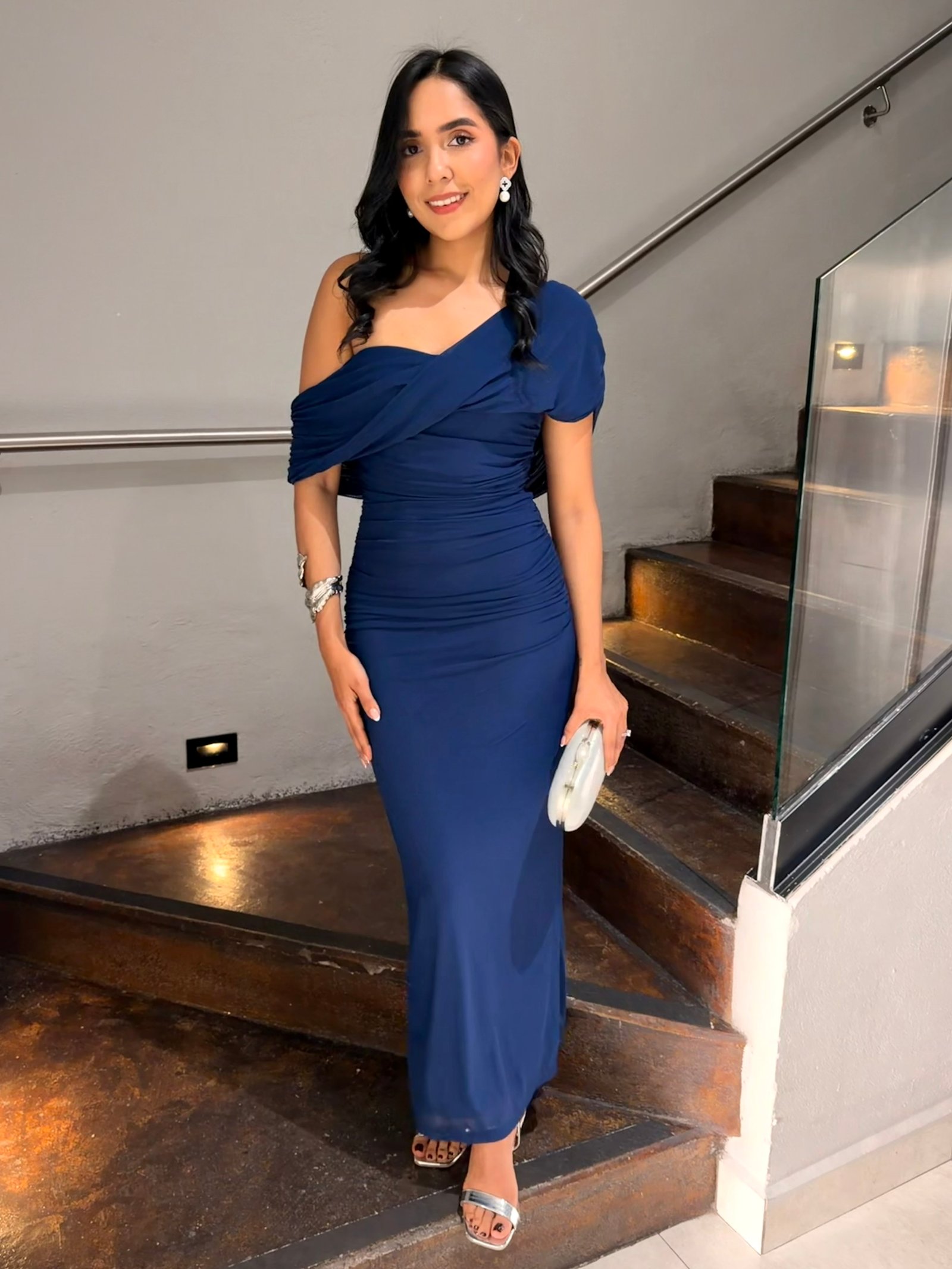 VESTIDO MAXI MESH OFF SHOULDER NAVY BLUE