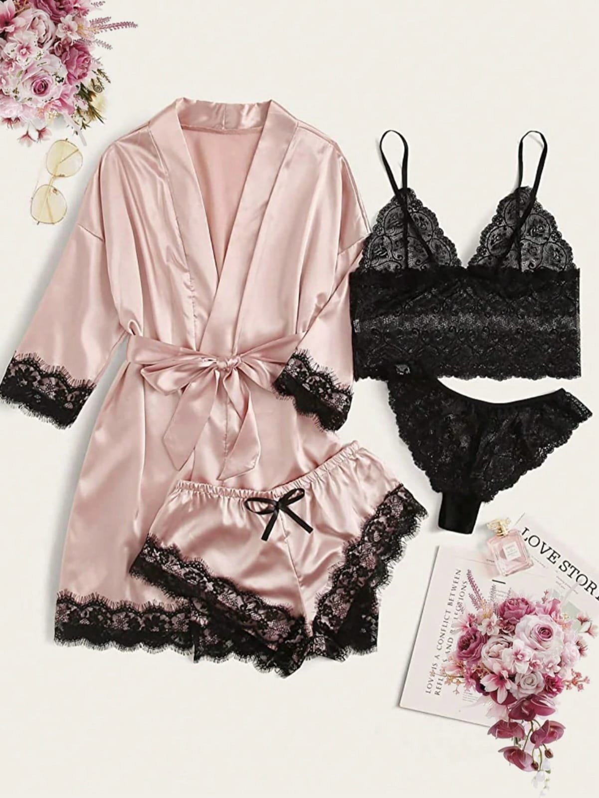 SET DE PIJAMA 4 PIEZAS ROSA CON NEGRO