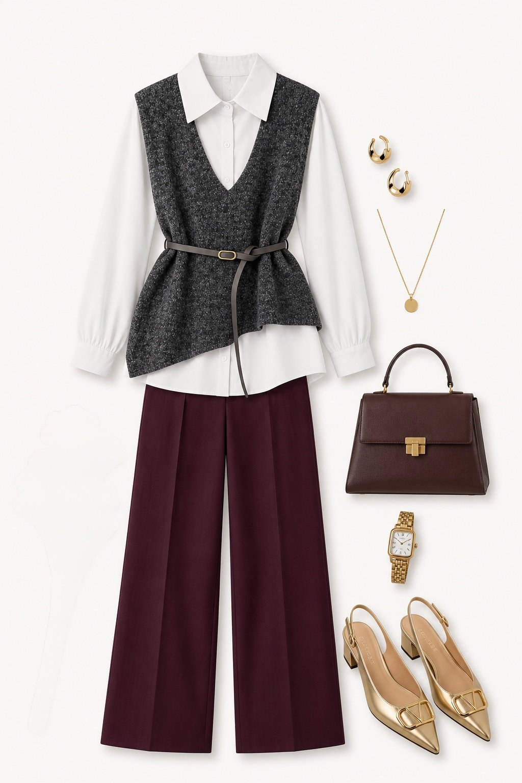 BLUSA BLANCO CON CHALECO GRIS Y CINTURON