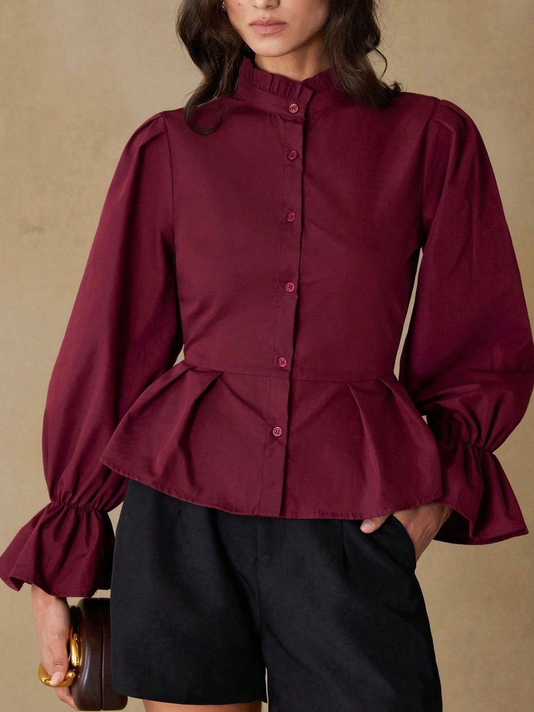 BLUSA MANGA LARGA CUELLO CHINO BURGUNDY