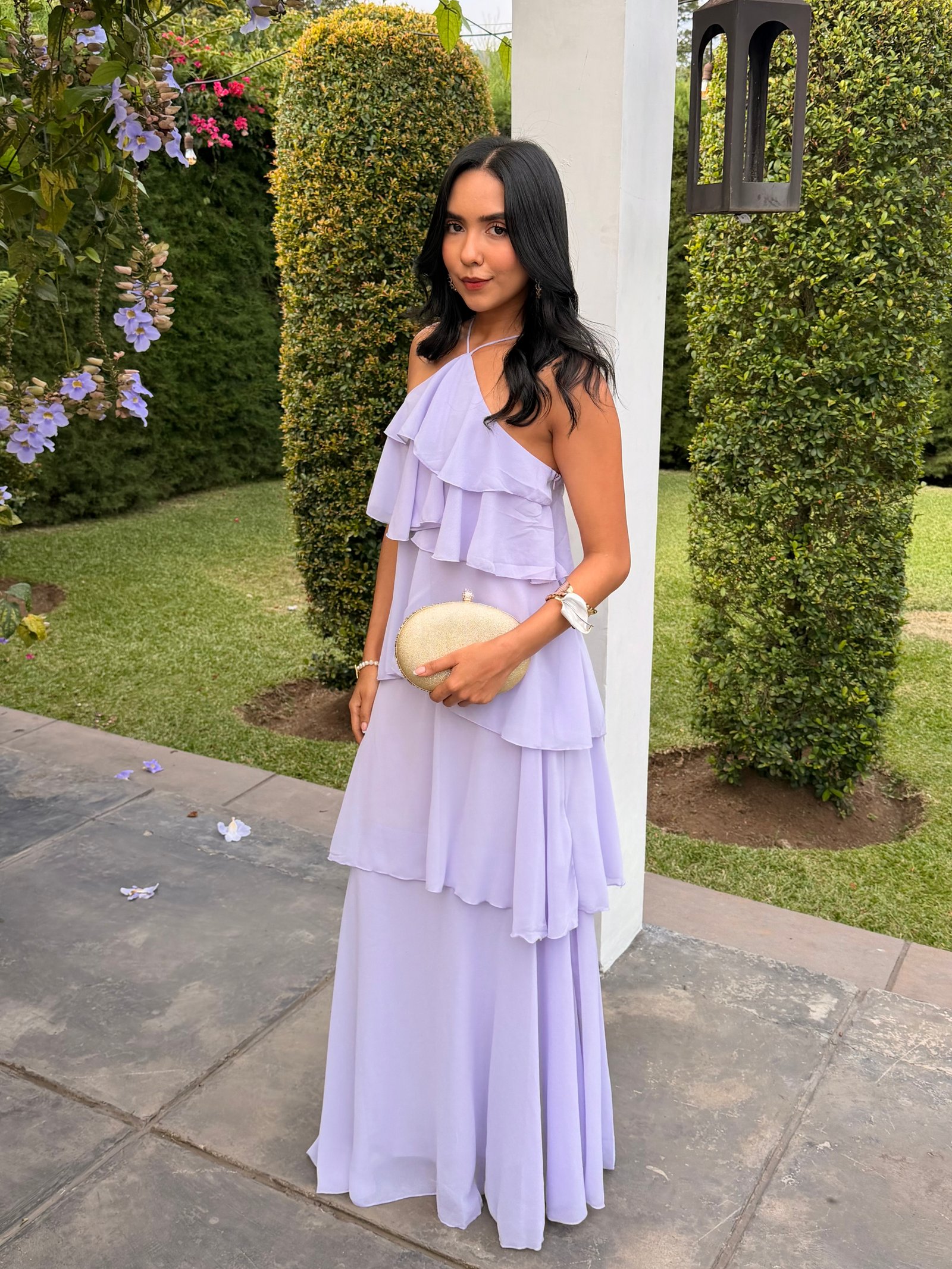 VESTIDO MAXI HALTER FLECOS MORADO
