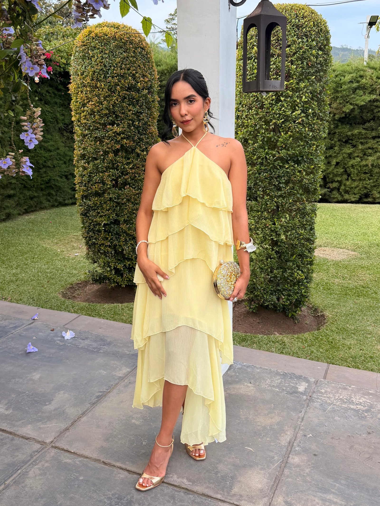 VESTIDO MIDI HALTER FLECOS AMARILLO