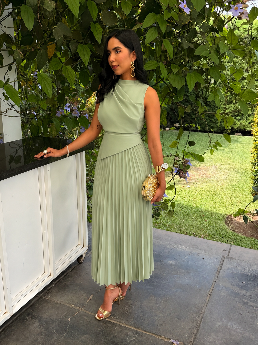 VESTIDO MAXI MESH HALTER PLISADO VERDE