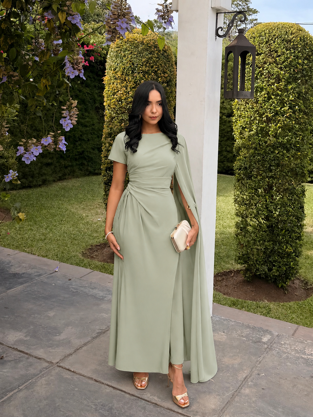 VESTIDO PRE MAXI MESH MANGA CORTA CON LAZO VERDE MENTA