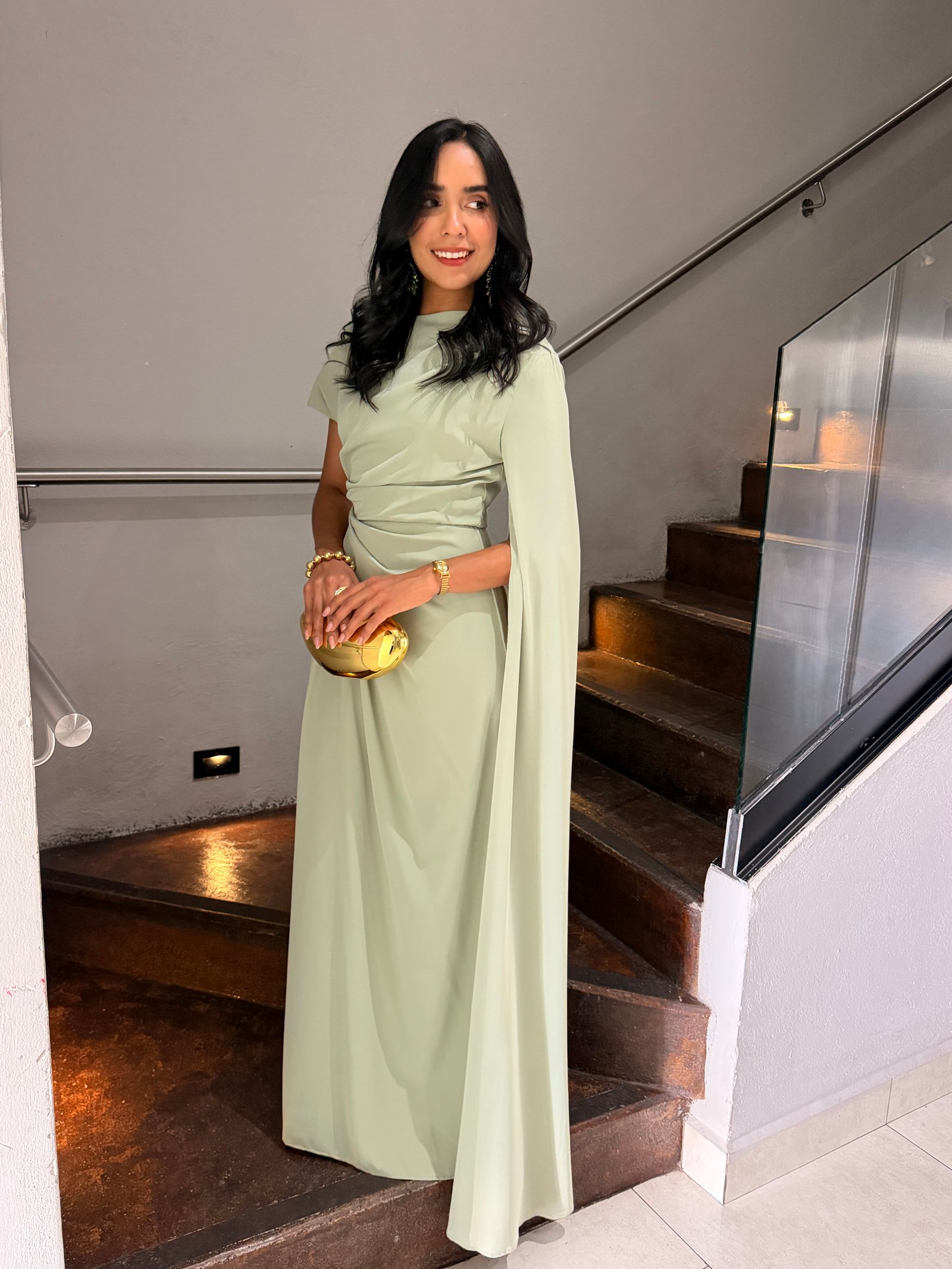 VESTIDO PRE MAXI MESH MANGA CORTA CON LAZO VERDE MENTA