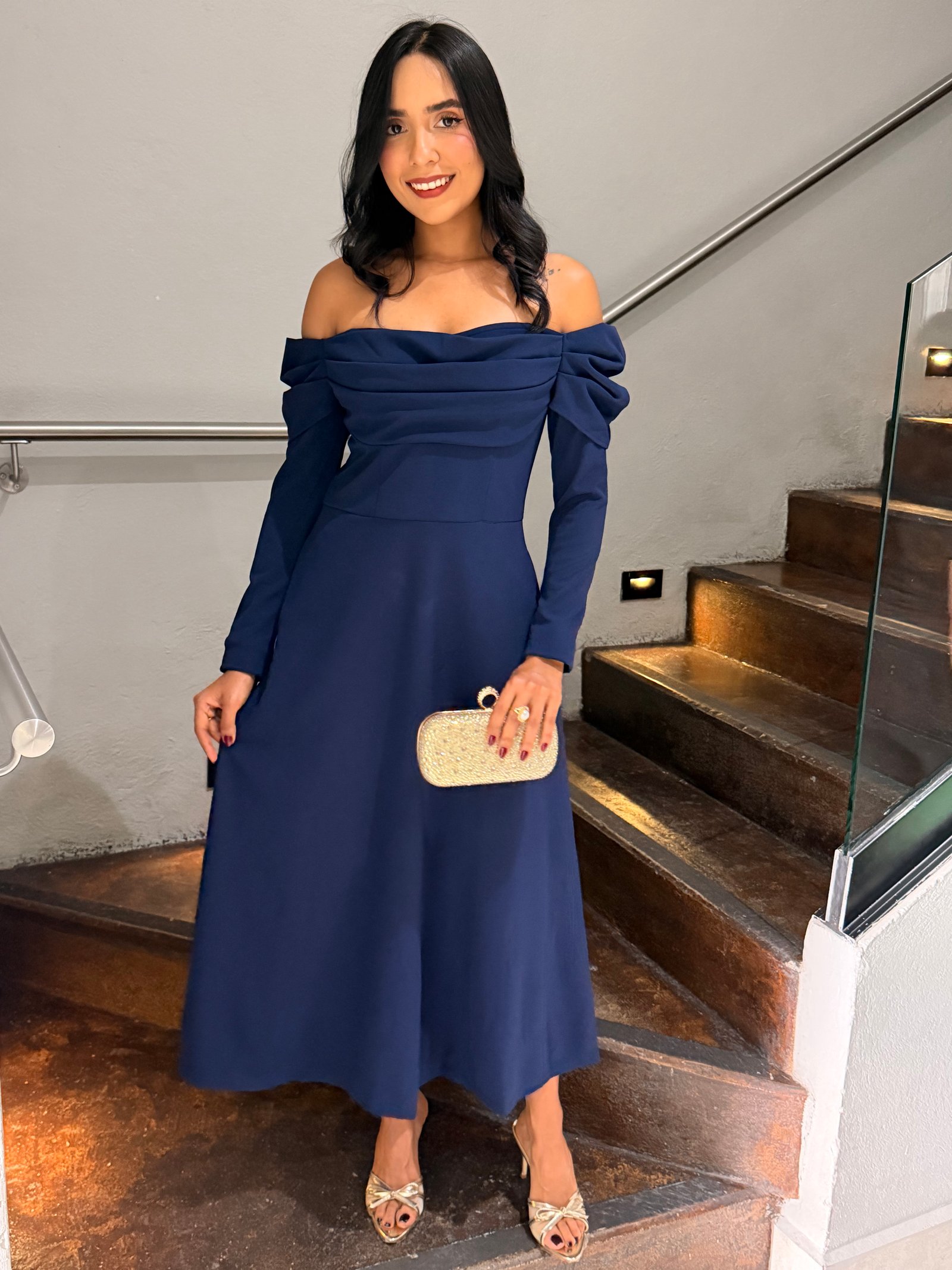 VESTIDO MINI MANGA LARGA OFF SHOULDER NAV BLUE