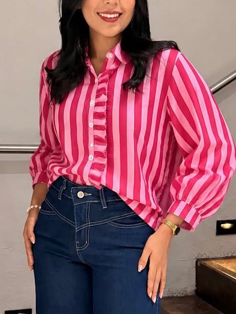 CAMISA RAYADA BICOLOR MANGA LARGA ROSA VUELITOS