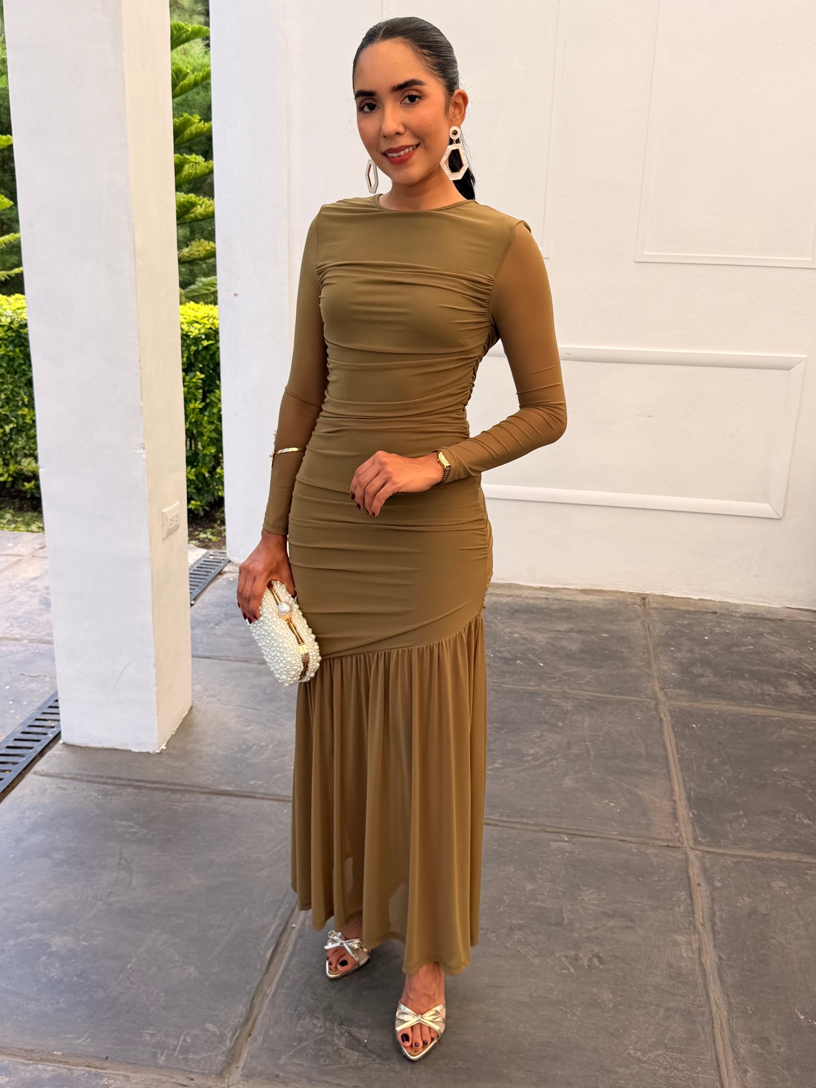 VESTIDO MIDI MANGA LARGA MESH FALDA FLUIDA