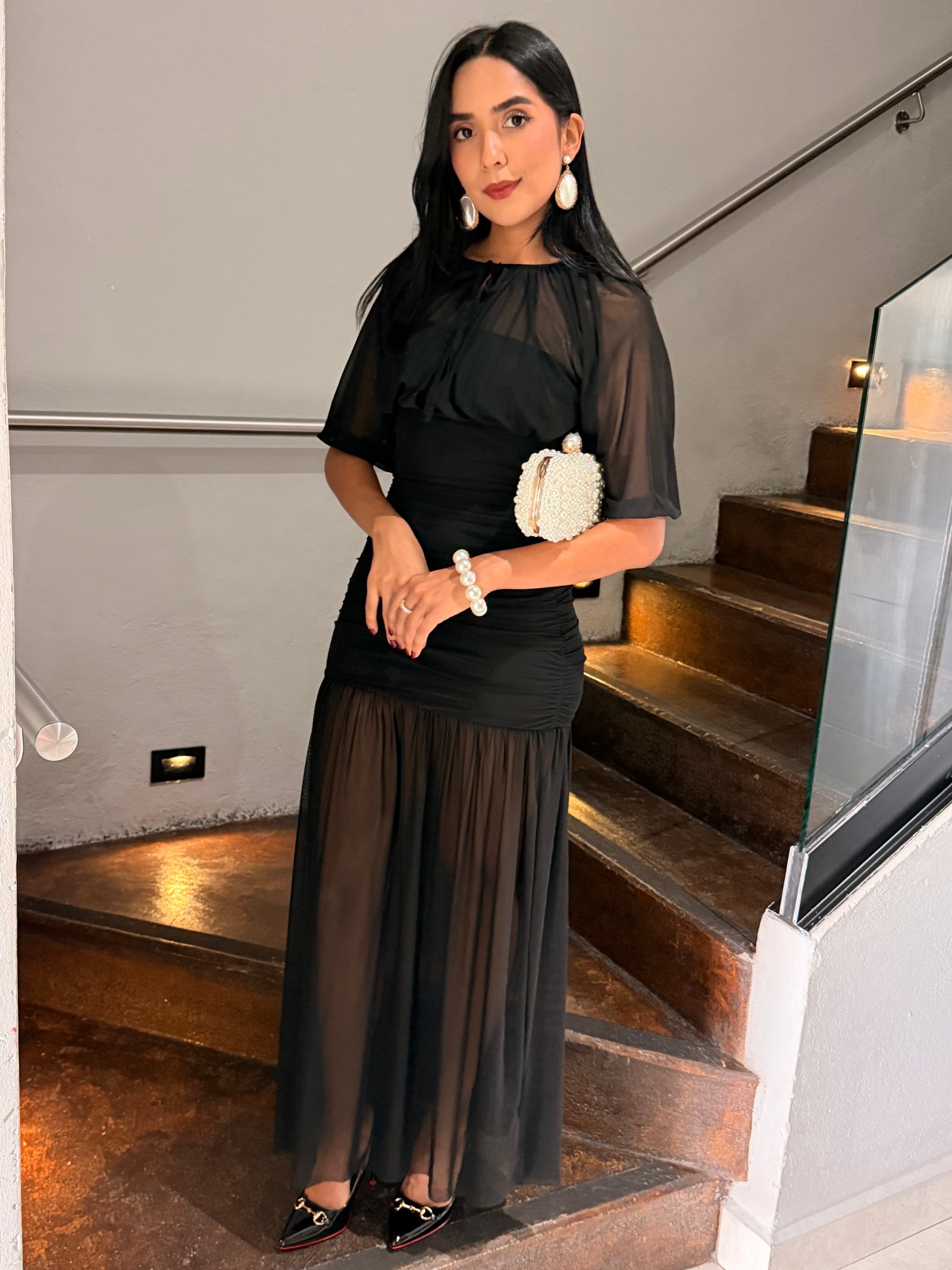 VESTIDO MESH MANGA 3.4 NEGRO