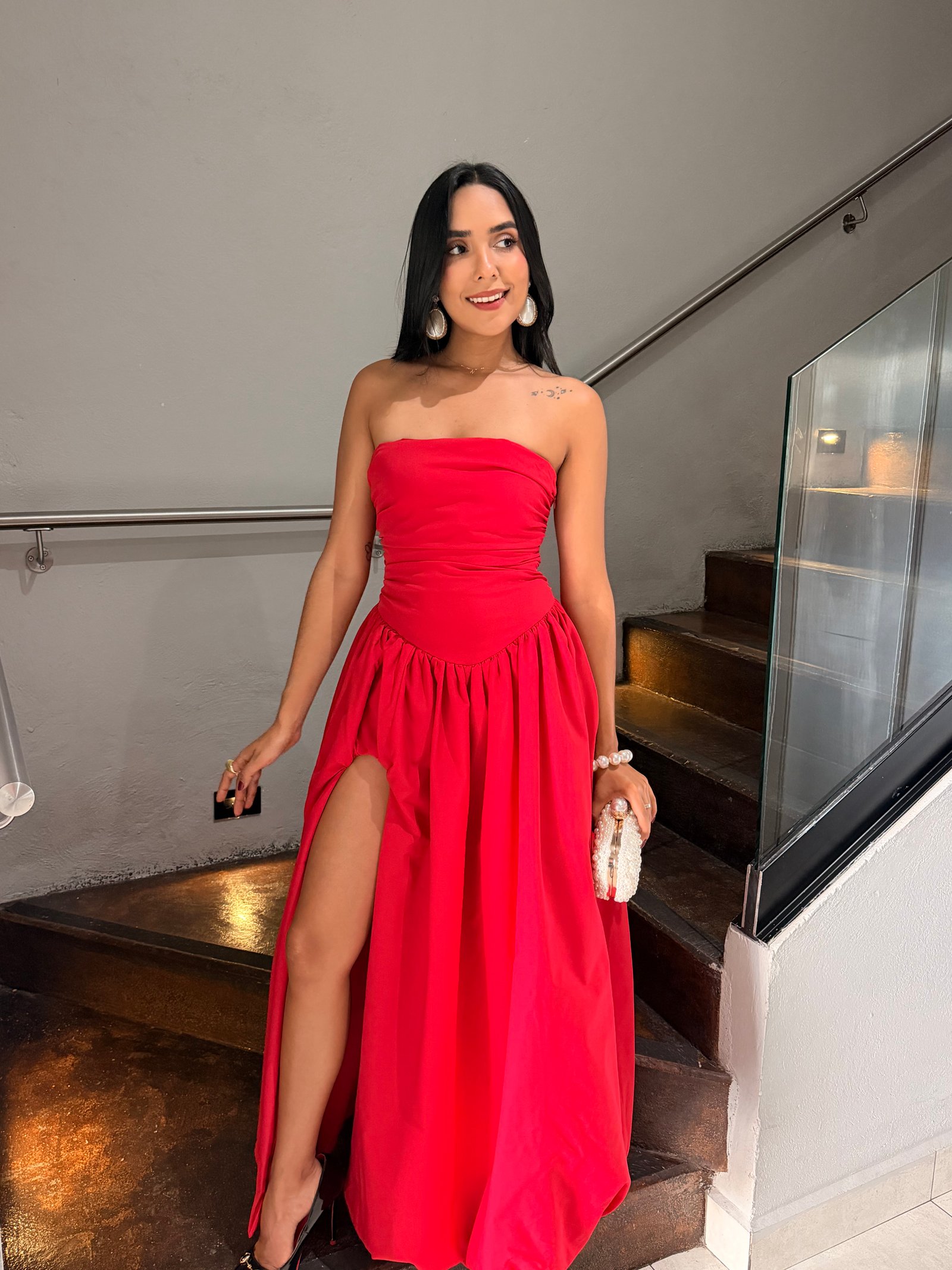 VESTIDO MAXI STRAPLESS BOMBA ROJO TALLA XS