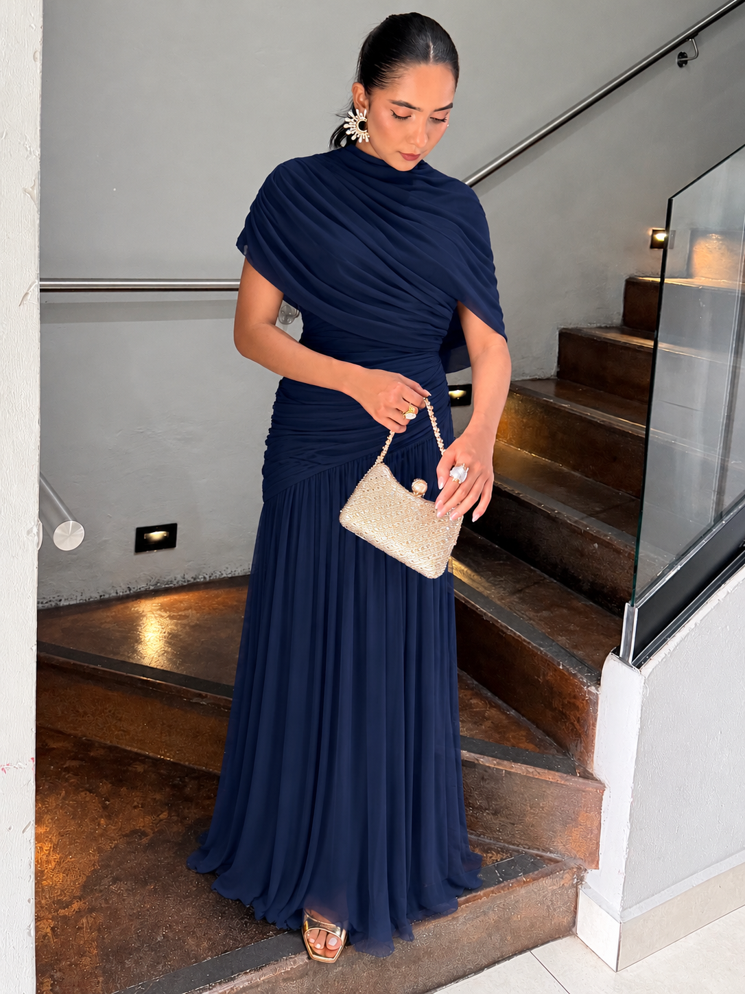 VESTIDO MAXI MESH FALDA ASIMETRICA BLUE NAVY